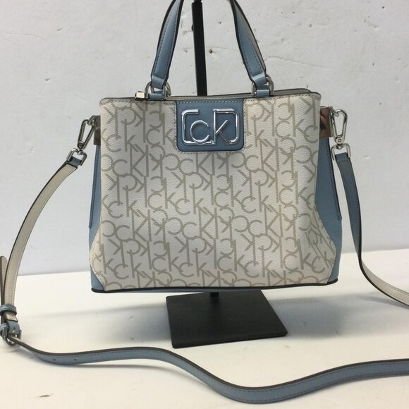 CALVIN KLEIN Monogram Crossbody w/ Silver Toned Hardware White/Blue Trim - Picture 1 of 9